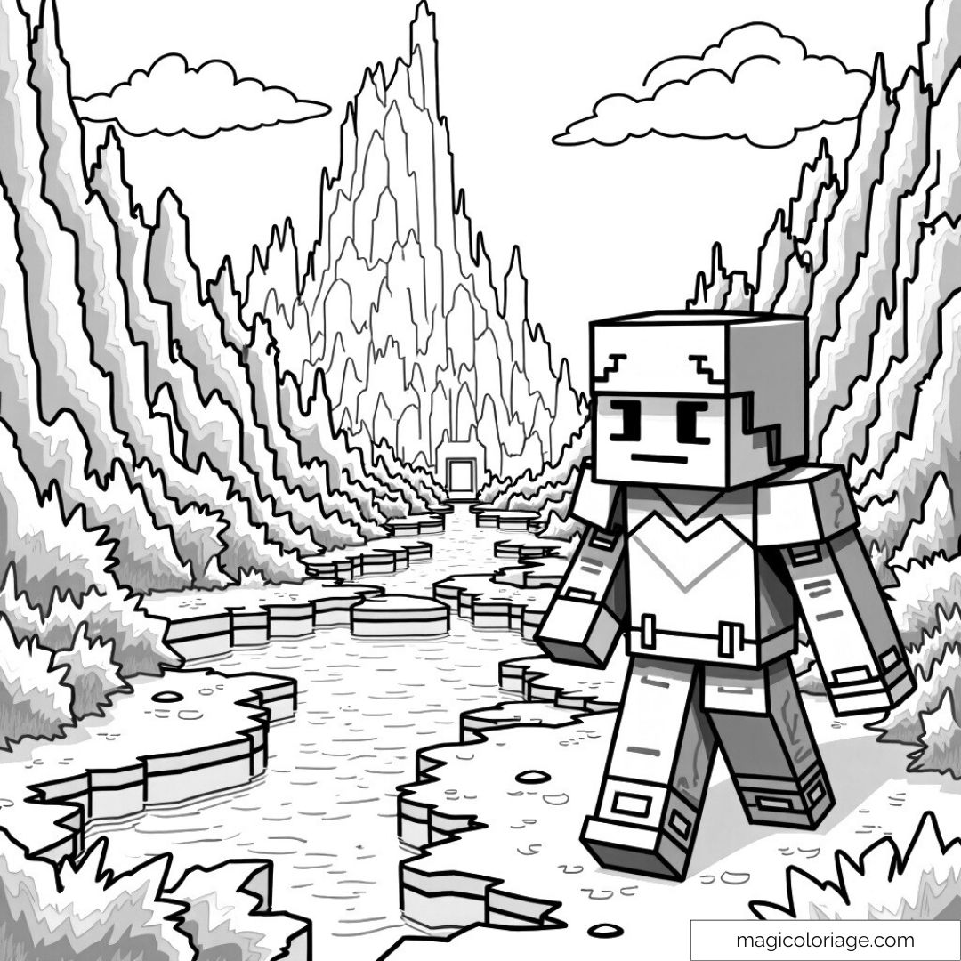 Coloriage Minecraft avec personnage en armure et paysage montagneux.