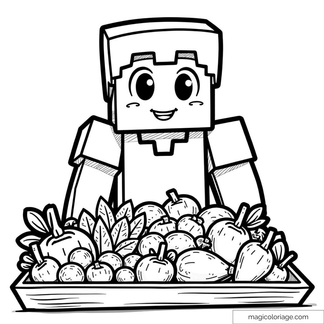 personnage Minecraft avec corbeille de fruits à colorier
