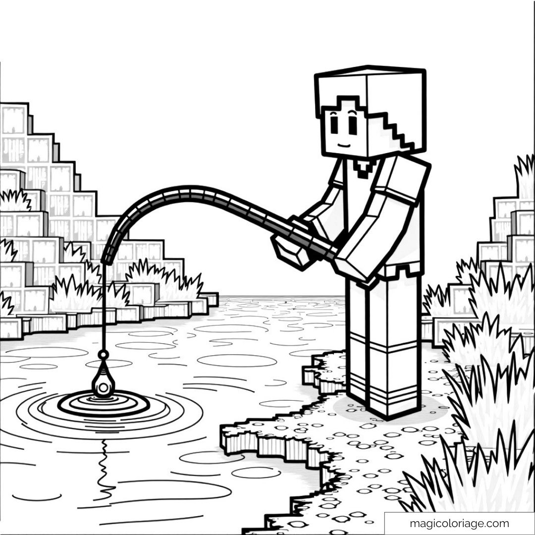 Dessin de personnage Minecraft pêchant au bord d'un lac.