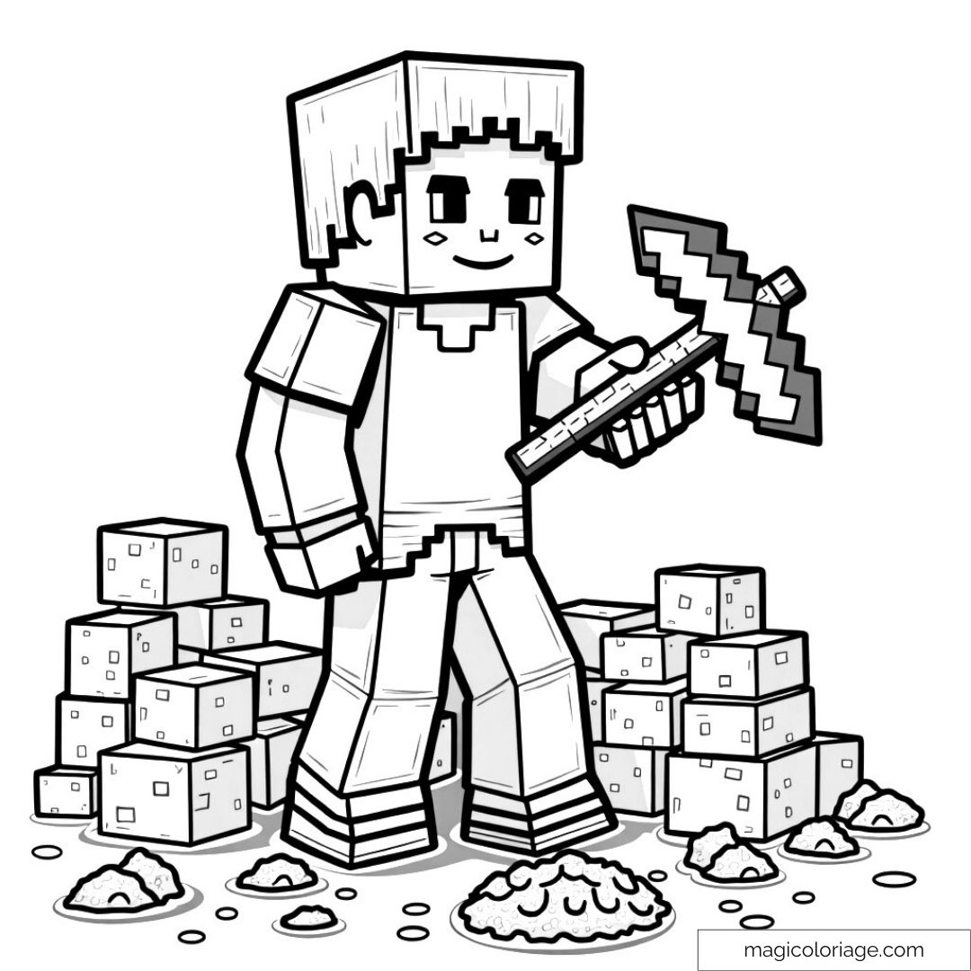 Dessin à colorier de Steve de Minecraft tenant une pioche entouré de blocs.