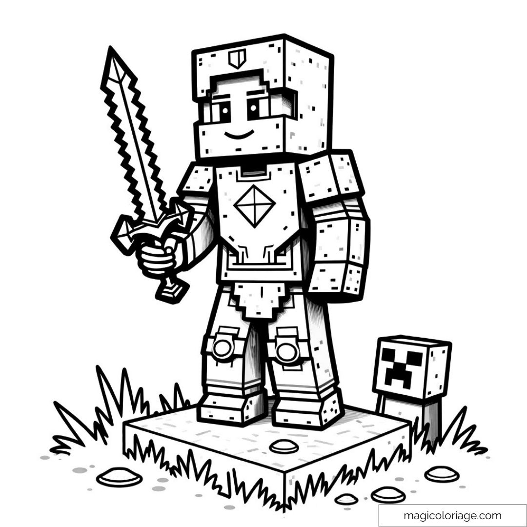 Coloriage personnage Minecraft avec épée et armure sur l'herbe
