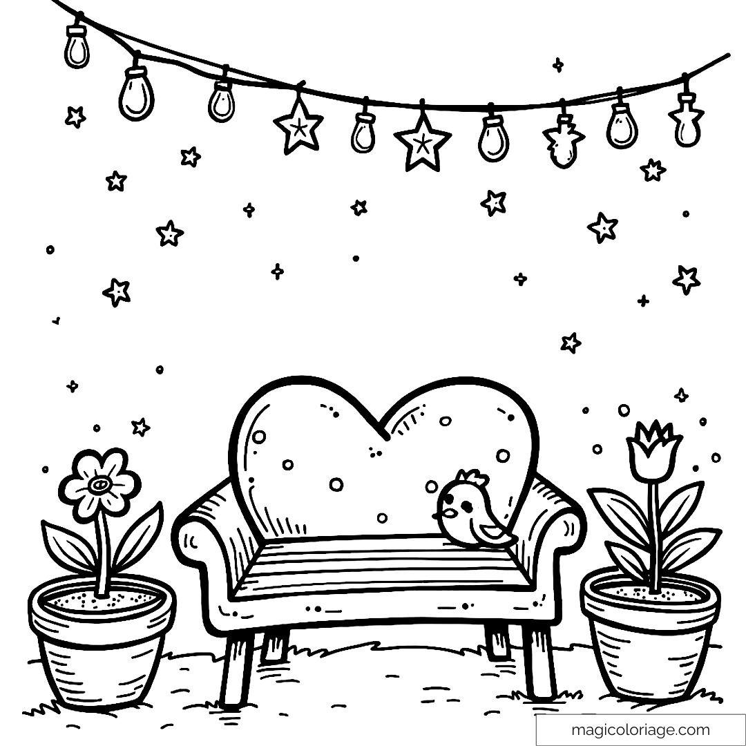 Coloriage banc jardin avec oiseau