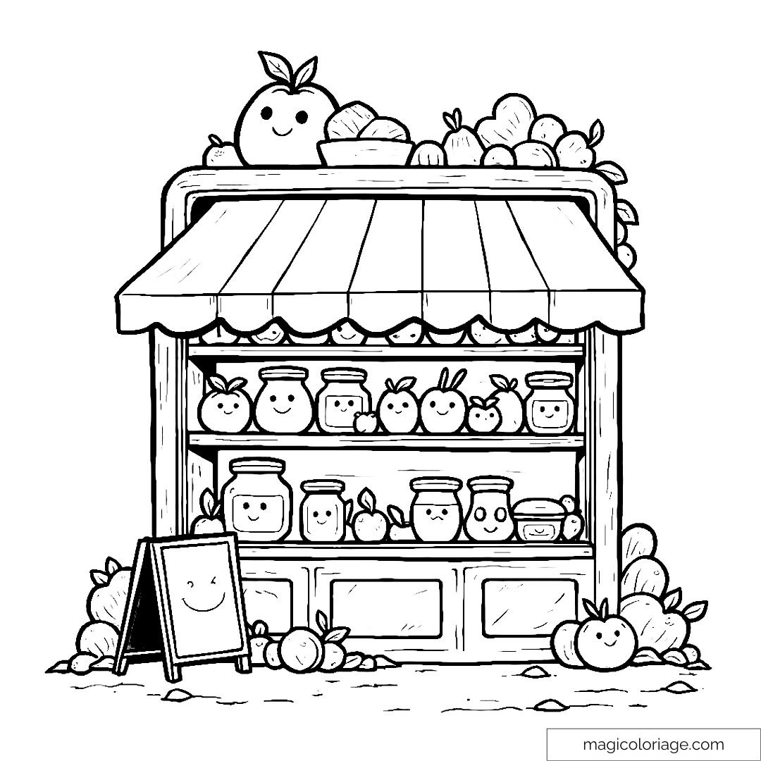 Dessin de stand fruits souriants à colorier