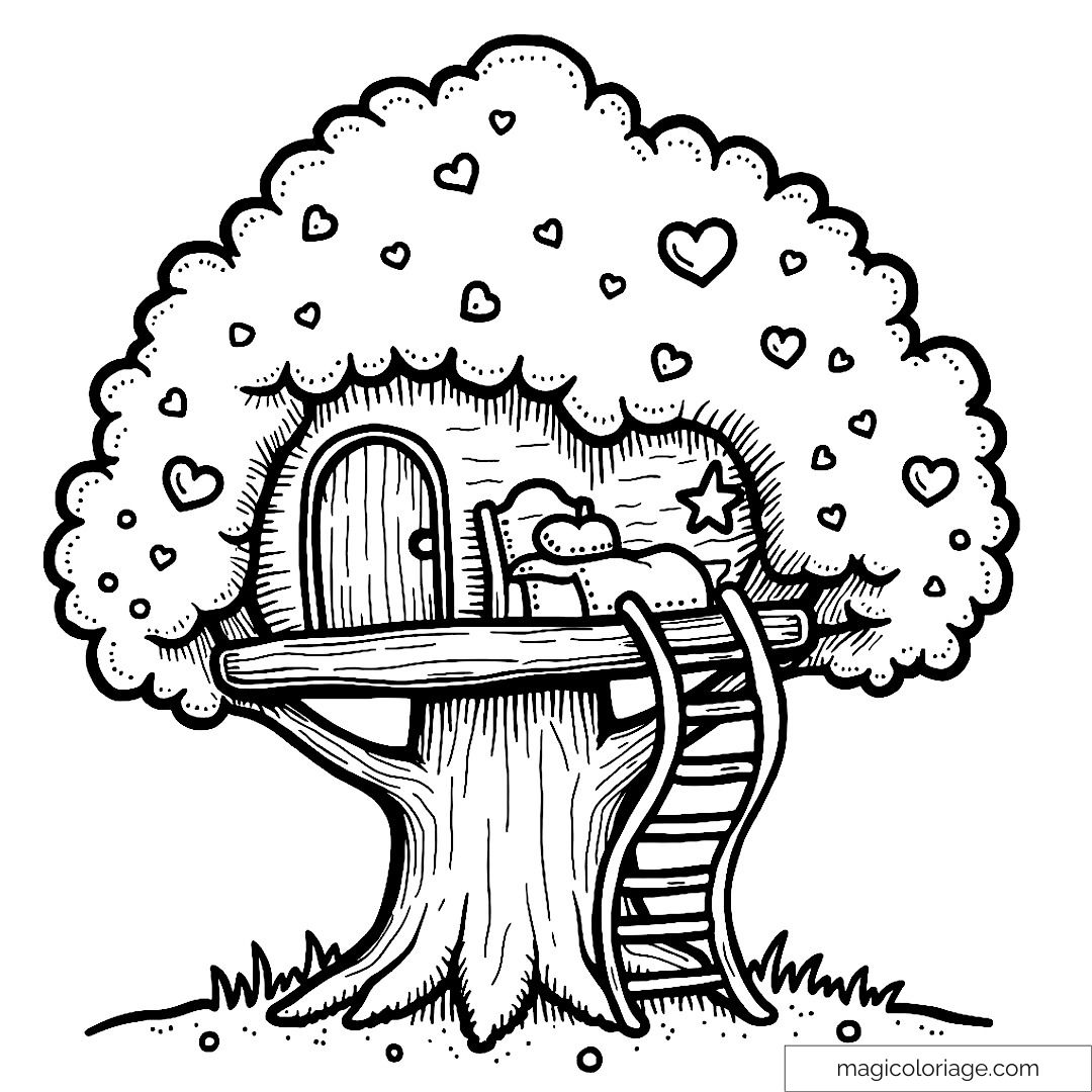Dessin de cabane dans un arbre avec cœurs
