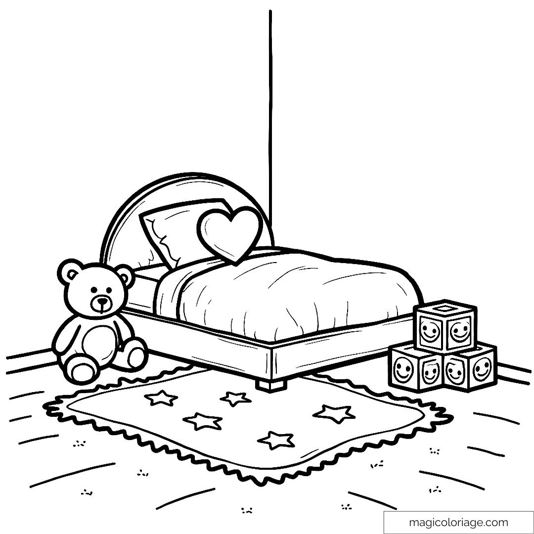 Dessin à colorier d'une chambre d'enfant avec peluche et jouets