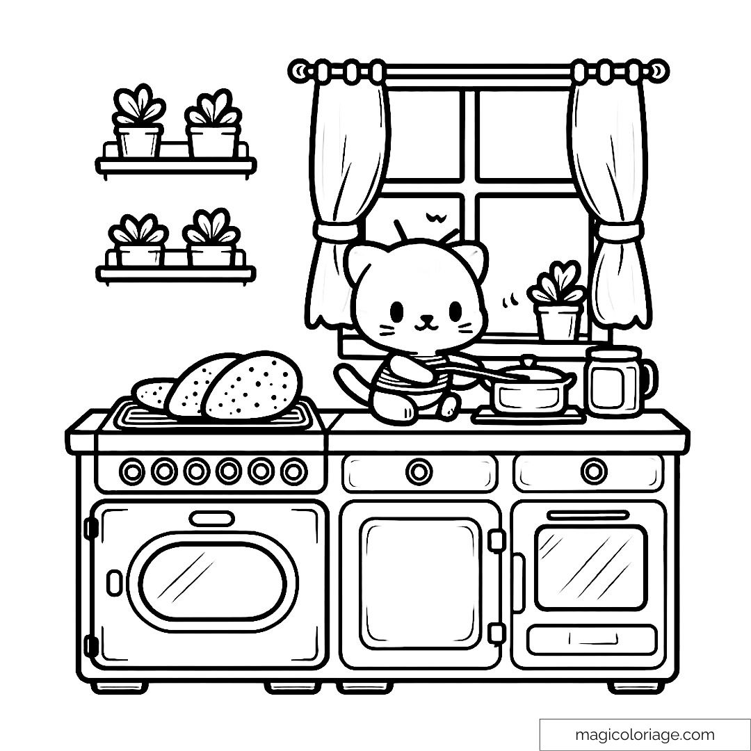 Chat mignon cuisinant sur une cuisine avec des plantes.