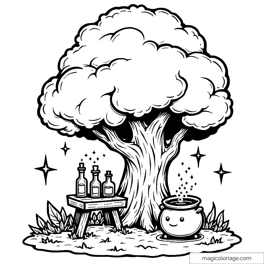 Arbre enchanté avec chaudron magique et potions scintillantes