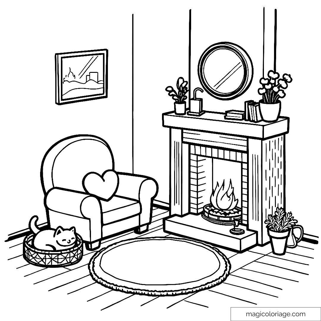 Dessin d'un salon confortable avec cheminée