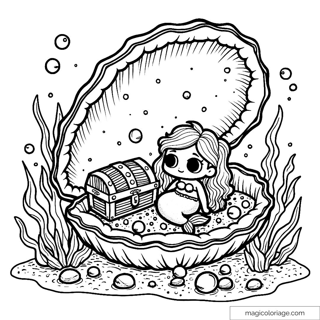 Dessin de sirène dans un coquillage avec un coffre