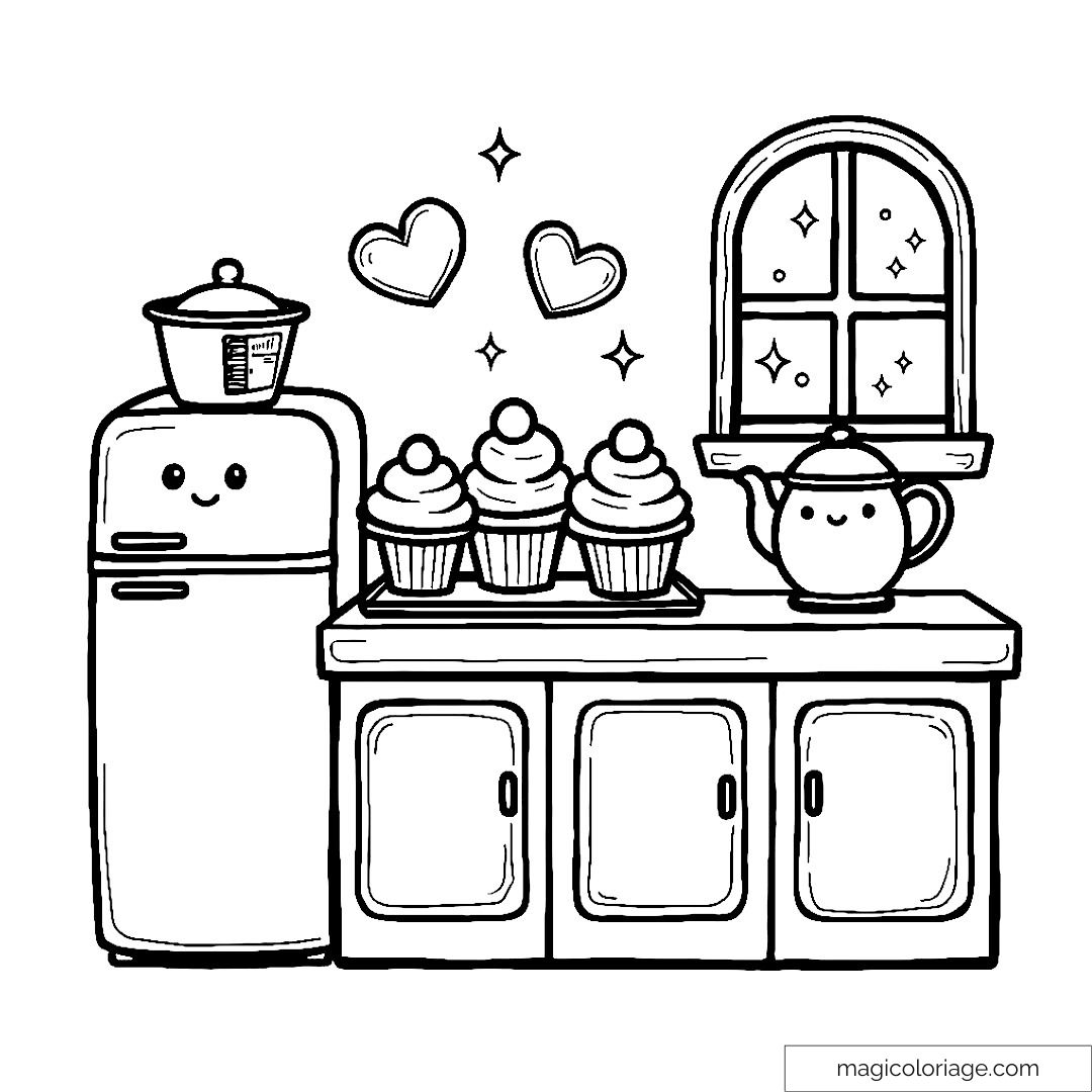 Coloriage cuisine kawaii avec cupcakes et accessoires