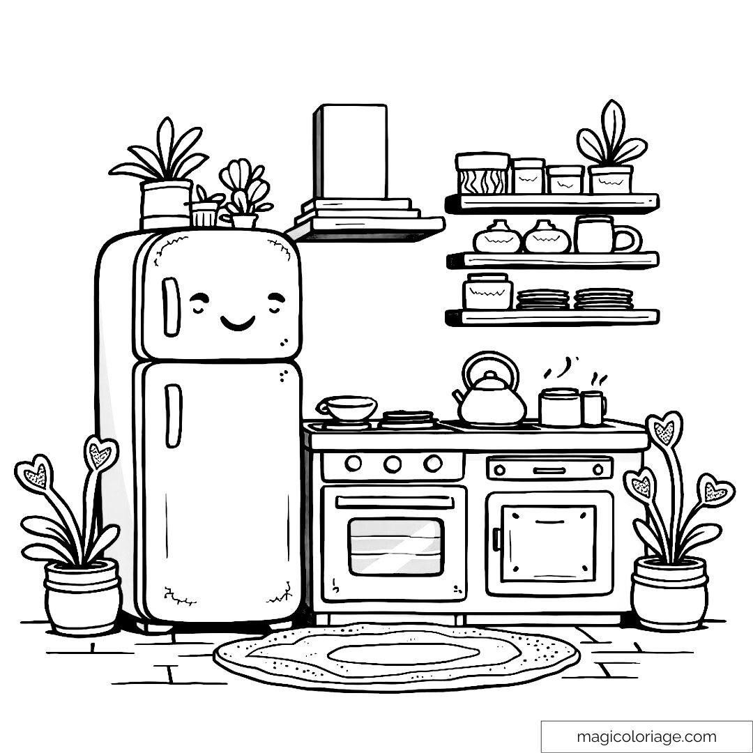 Coloriage cuisine kawaii avec réfrigérateur et plantes souriants.