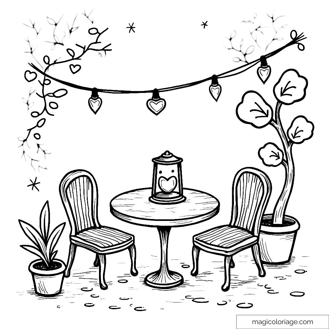 Dessin de jardin romantique avec chaises