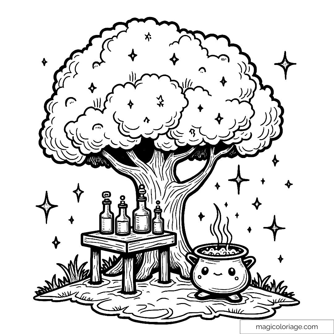 Arbre magique avec fioles et chaudron souriant pour coloriage