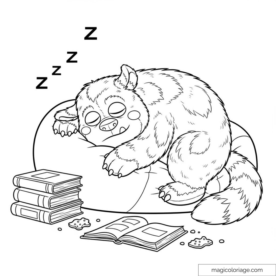 Monster endormi sur coussin avec livres et miettes autour.