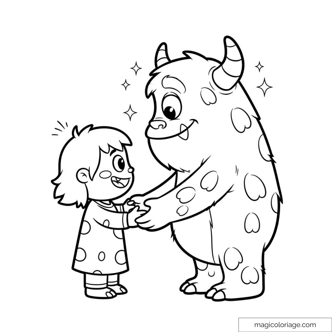 Dessin de monstre amical tenant la main d'un enfant souriant.