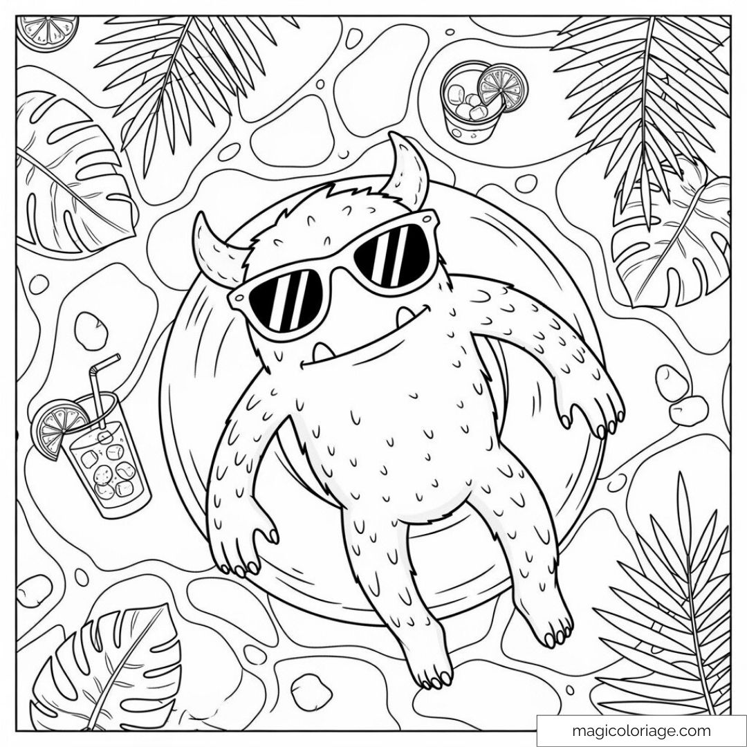 Monstre amusant flottant dans la piscine avec lunettes de soleil.