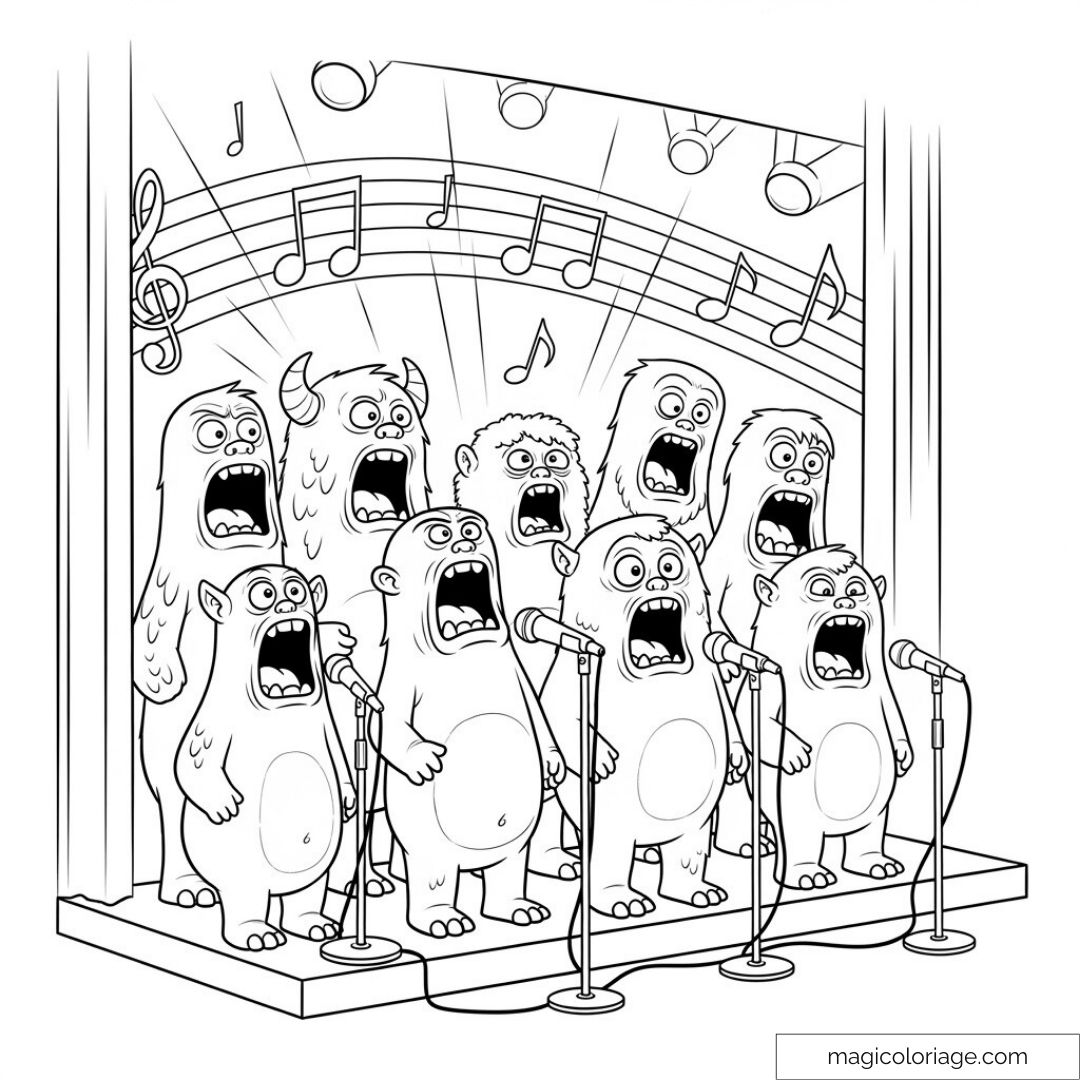 Monstres chantant sur scène avec des microphones et notes musicales.