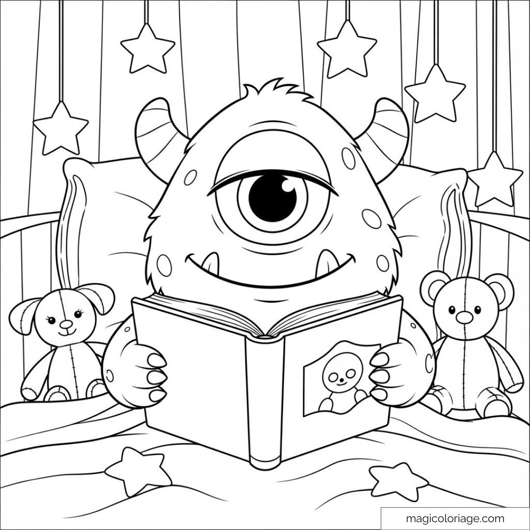Monstre mignon avec livre et peluches sur le lit