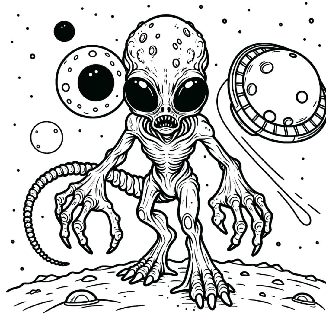 Dessin à colorier de monstre alien dans l'espace pour enfants