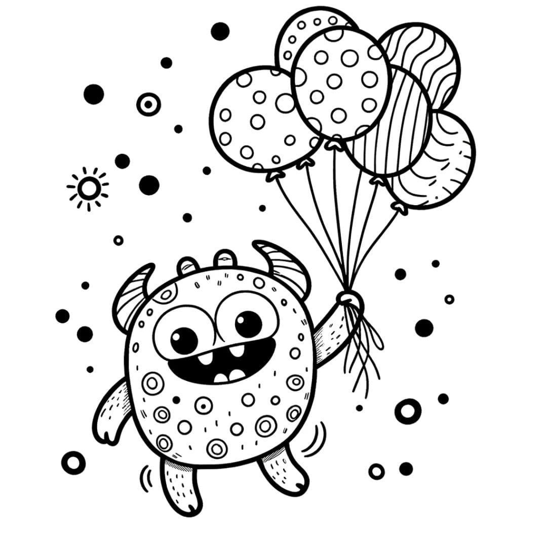 Dessin à colorier de monstre amusant avec des ballons pour maternelle