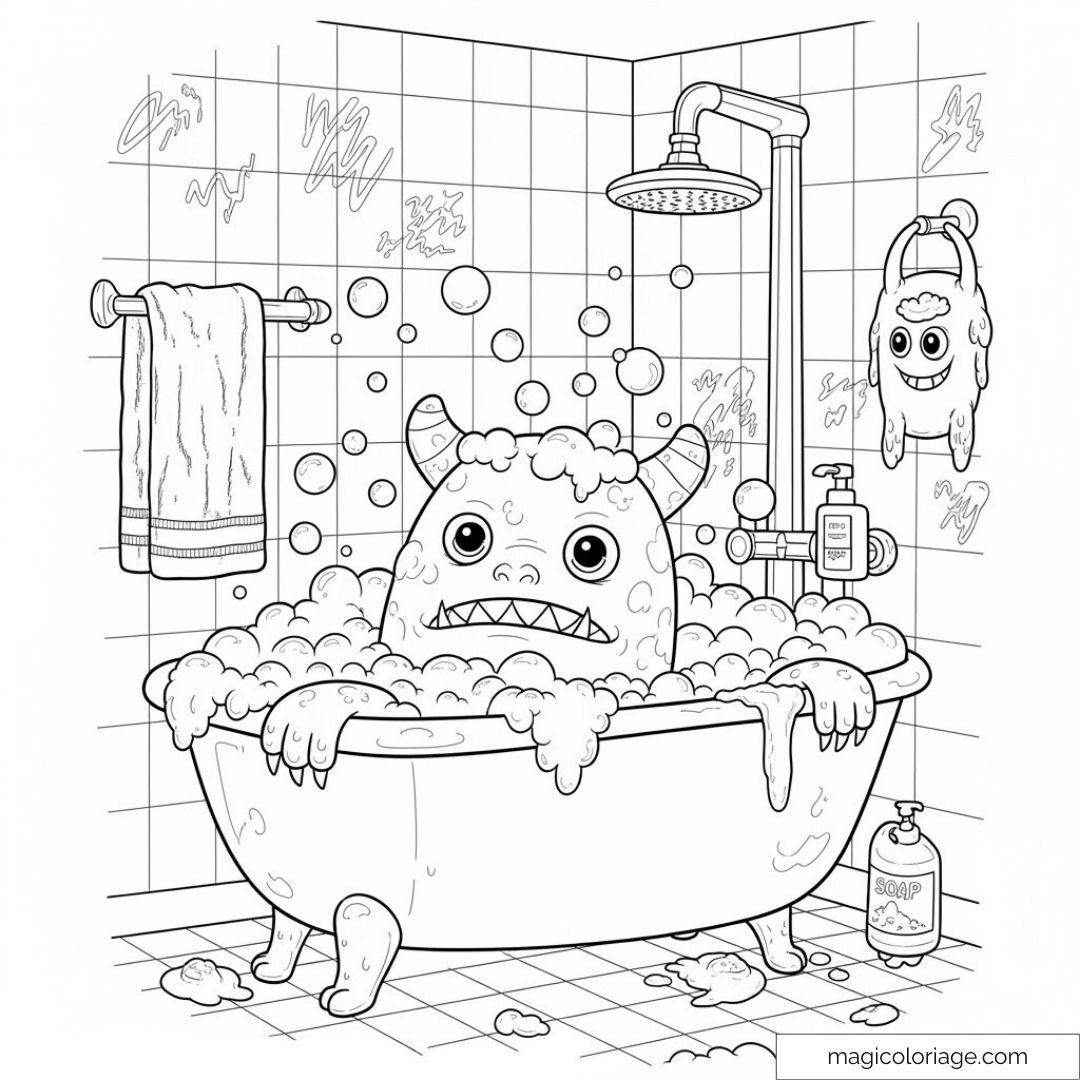 Coloriage de monstre dans la baignoire avec bulles et accessoires de bain.