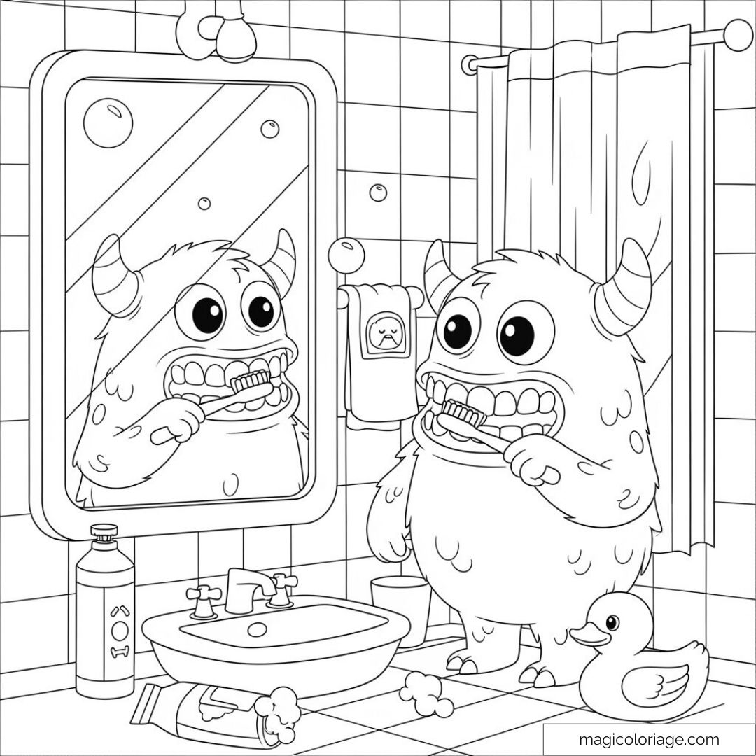 Monstre mignon dans la salle de bain brossant ses dents avec canard en plastique.
