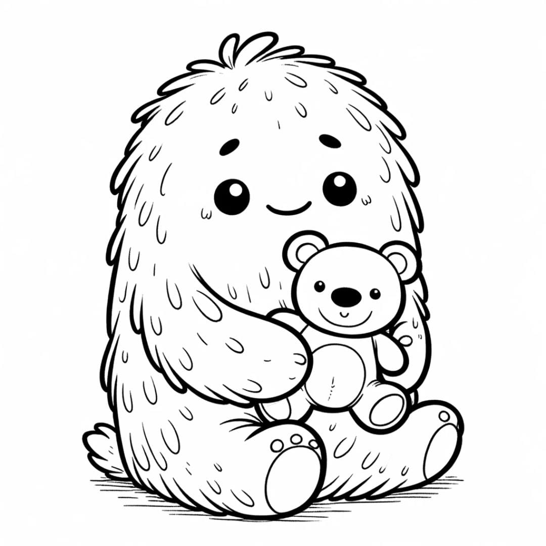Dessin à colorier de monstre câlin avec un ours en peluche pour maternelle