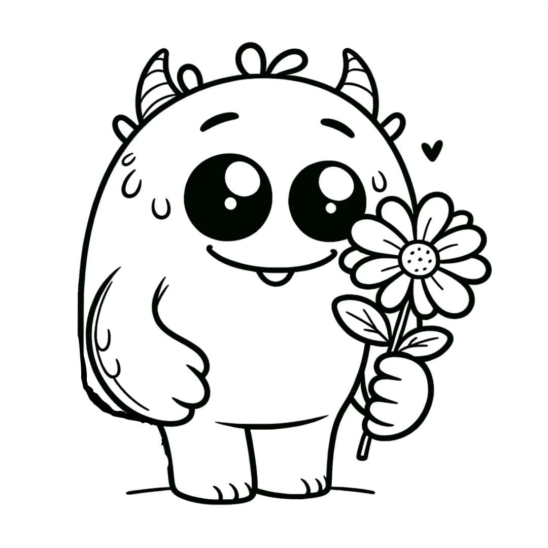 Dessin à colorier de monstre charmant avec une fleur pour maternelle