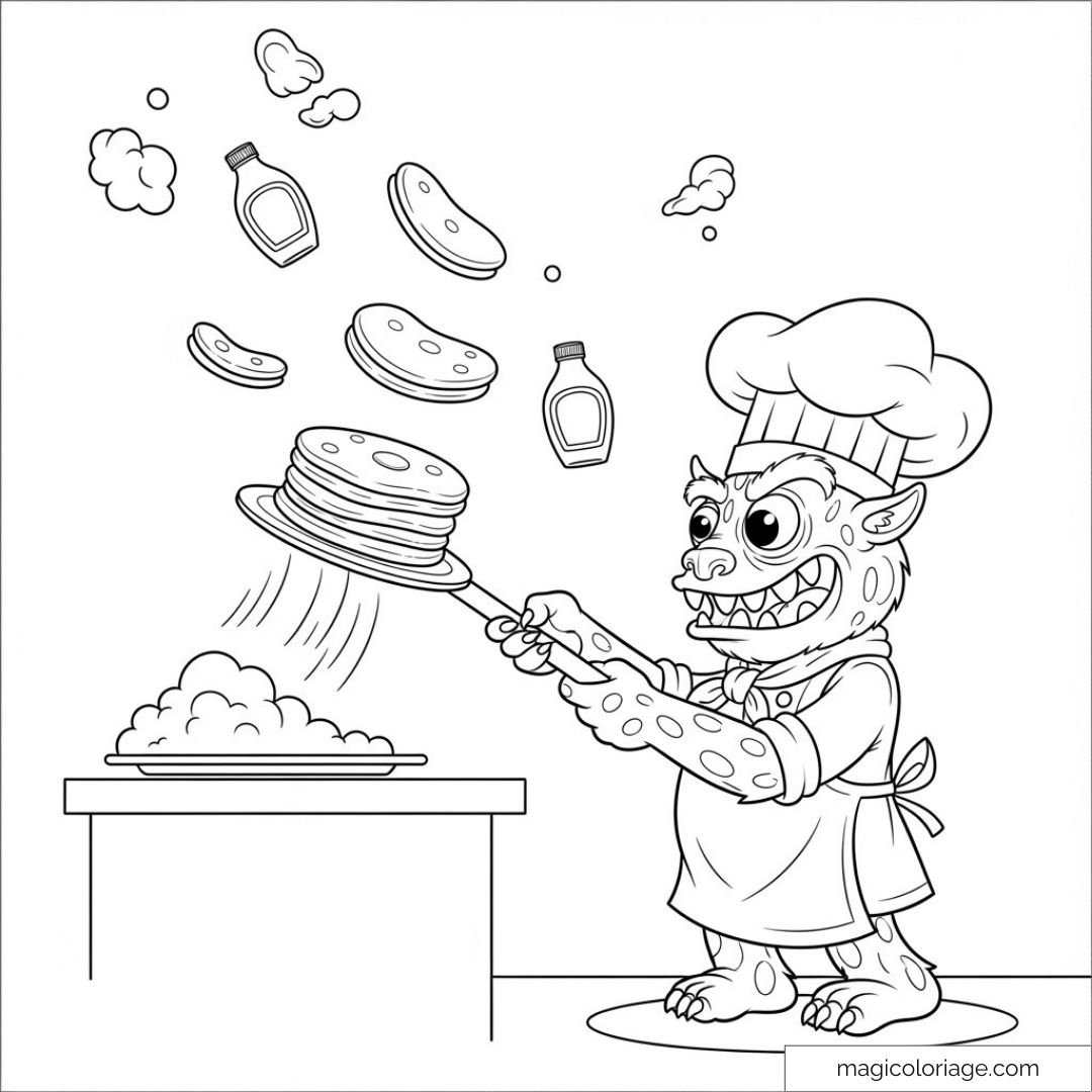 Monstre chef jonglant avec une pile de crêpes volantes.