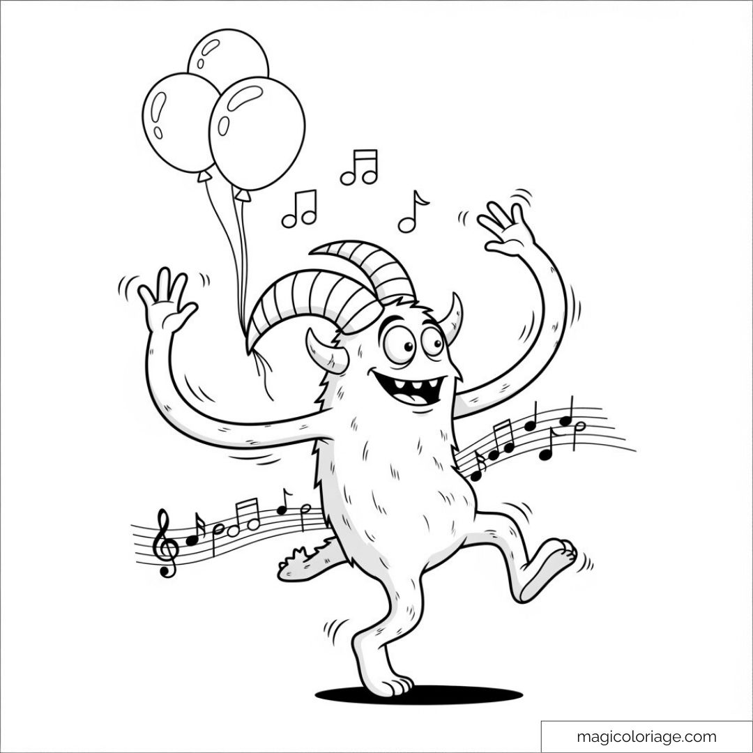 Monstre dansant joyeux avec ballons et musique