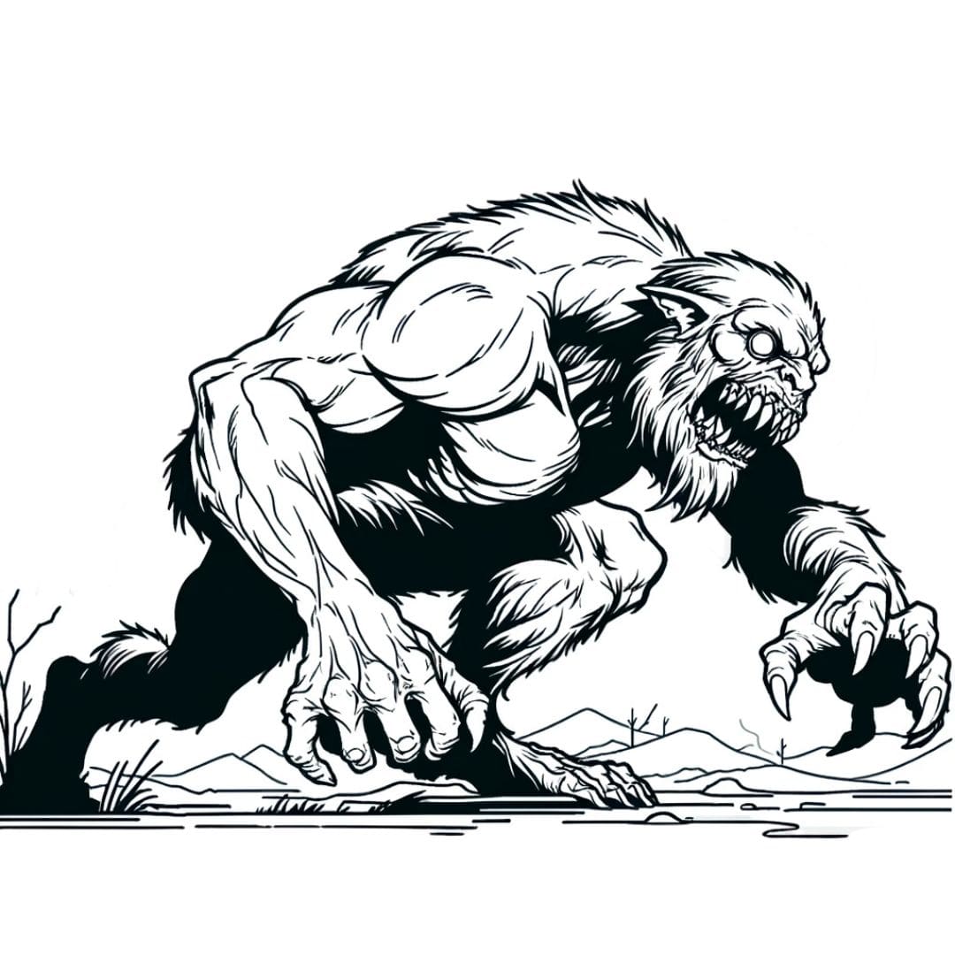 Dessin à colorier de monstre effrayant en pleine chasse pour enfants