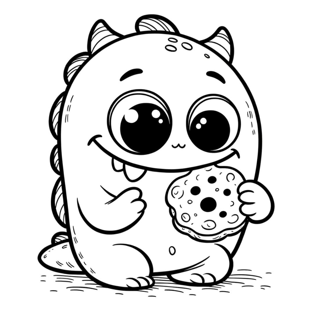 Dessin à colorier de monstre espiègle avec un biscuit pour maternelle