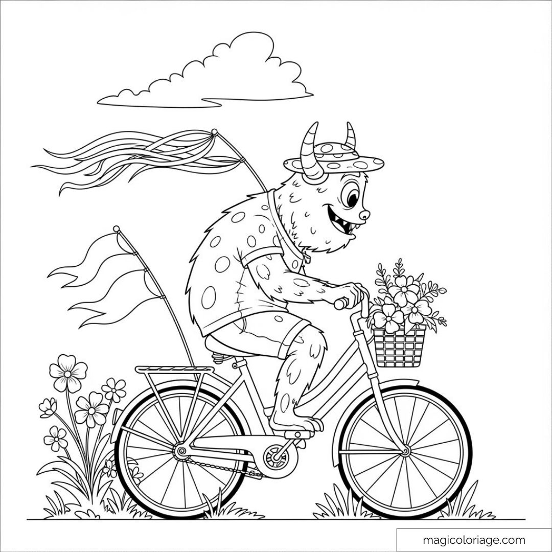 Monstre à vélo avec drapeaux et panier de fleurs