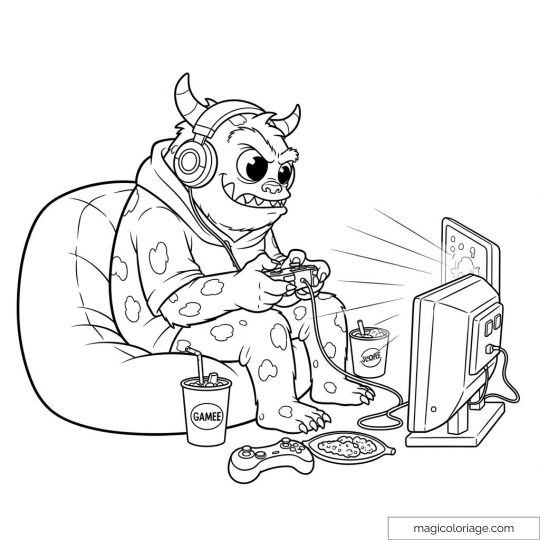 Monstre portant un casque jouant à un jeu vidéo avec manette.