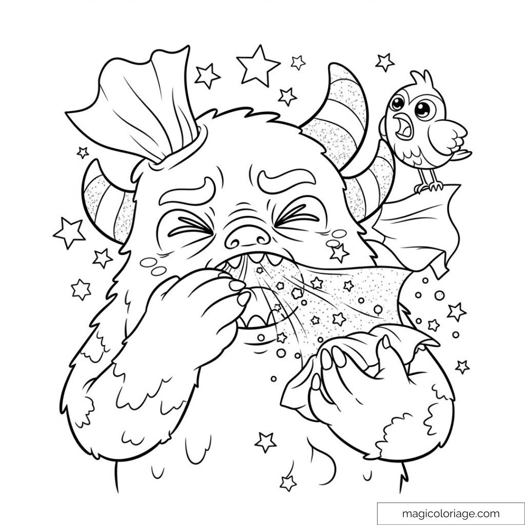 Monstre mignon éternuant étoiles avec un oiseau sur l'épaule