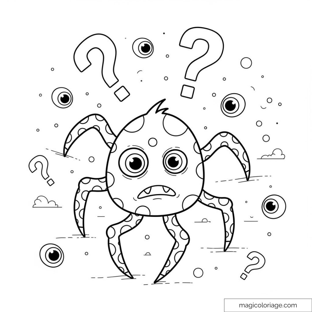 Dessin d'un monstre avec des points d'interrogation et des cercles