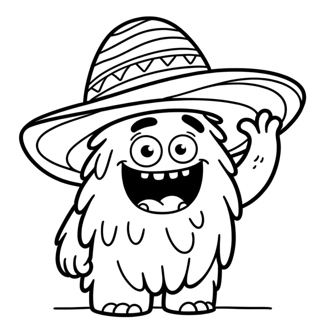 Dessin à colorier de monstre rigolo avec un grand chapeau pour enfants