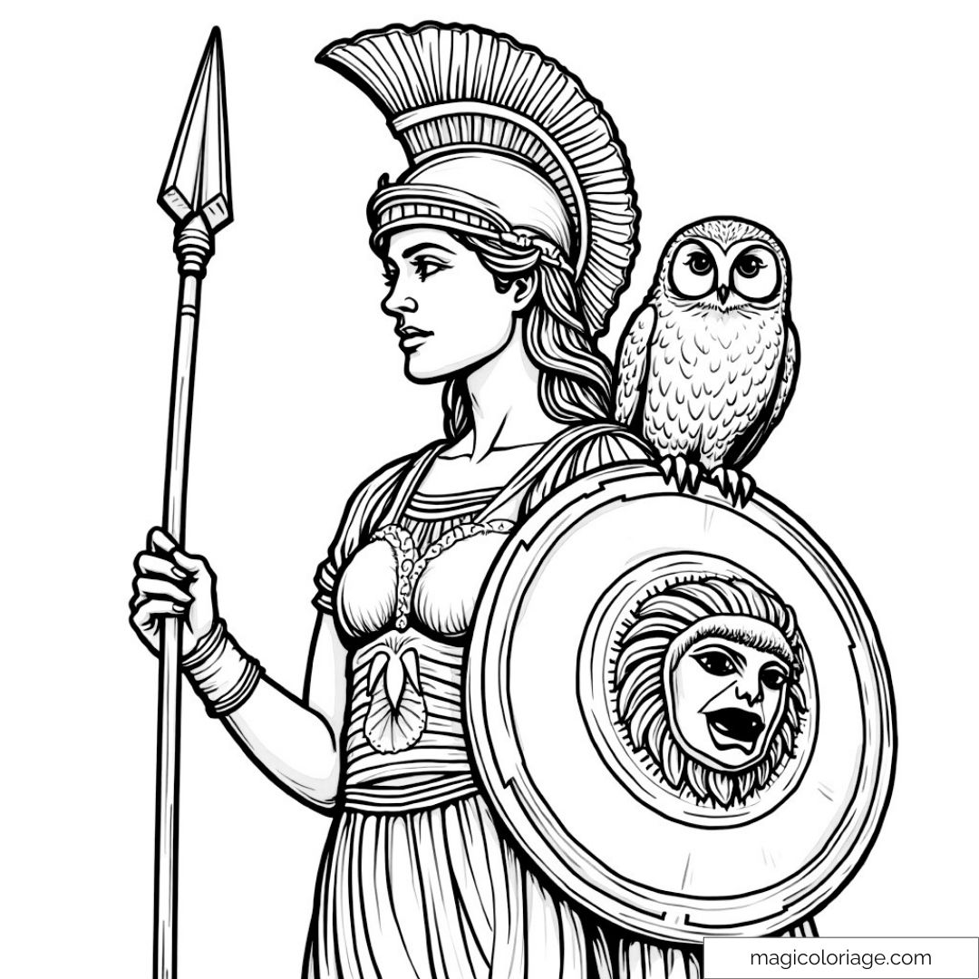 Athéna avec chouette sur épaule et bouclier Méduse à colorier.