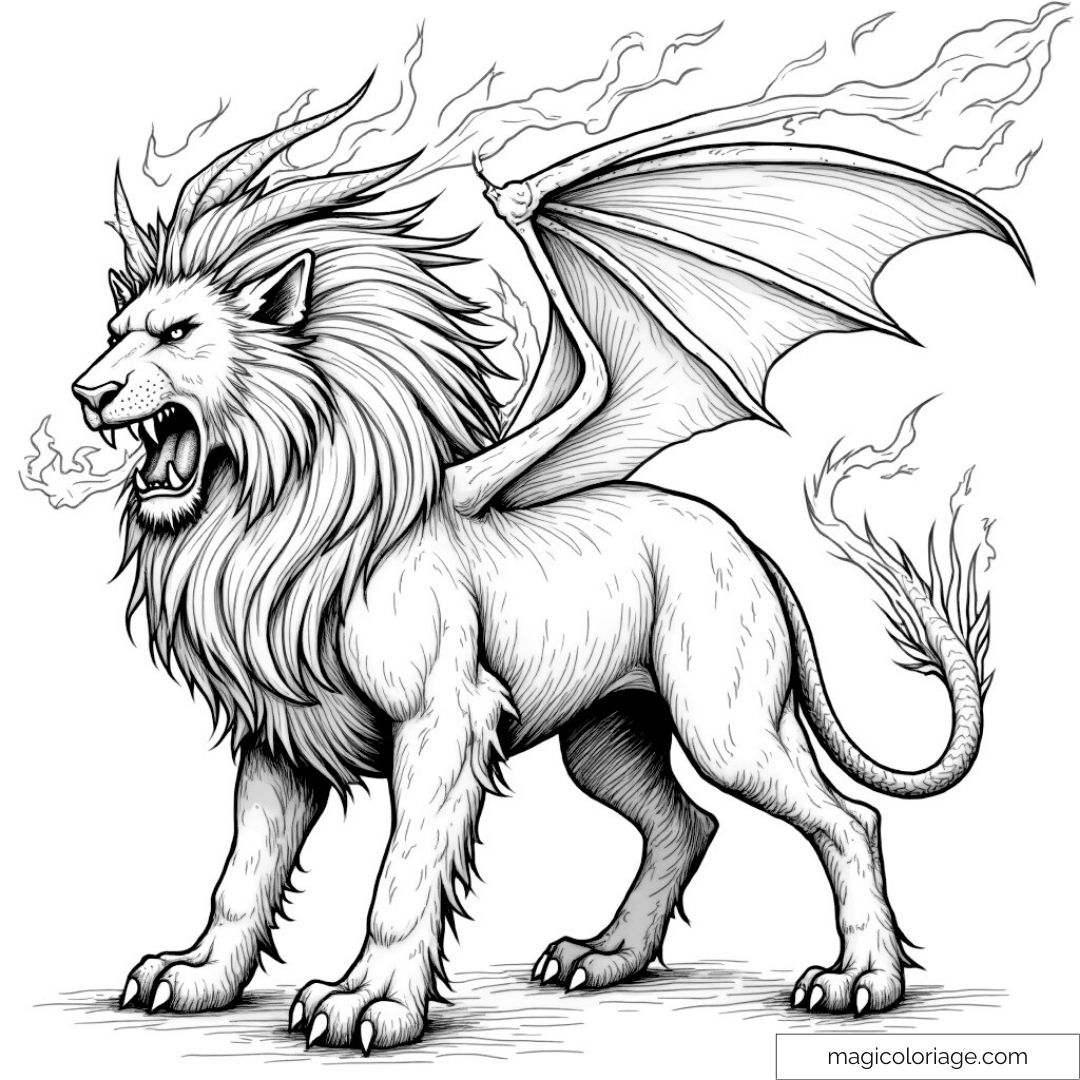 Dessin détaillé d'un griffon avec des ailes et une crinière flamboyante