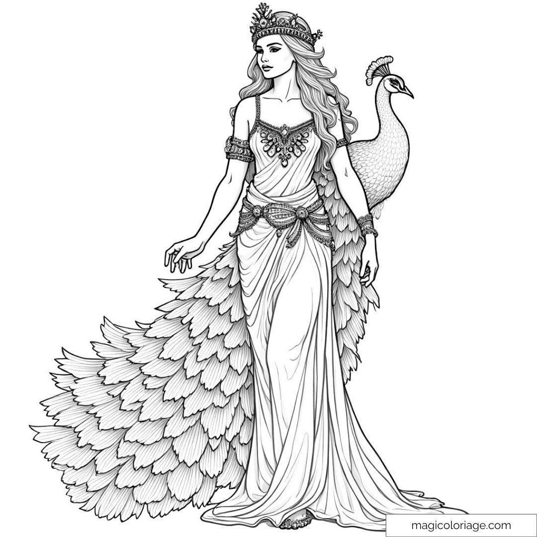 Déesse élégante en robe ornée avec un paon à ses côtés.