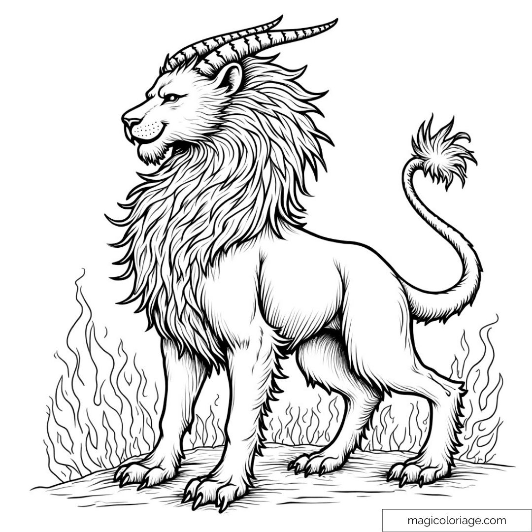 Dessin de griffon fantastique entouré de flammes