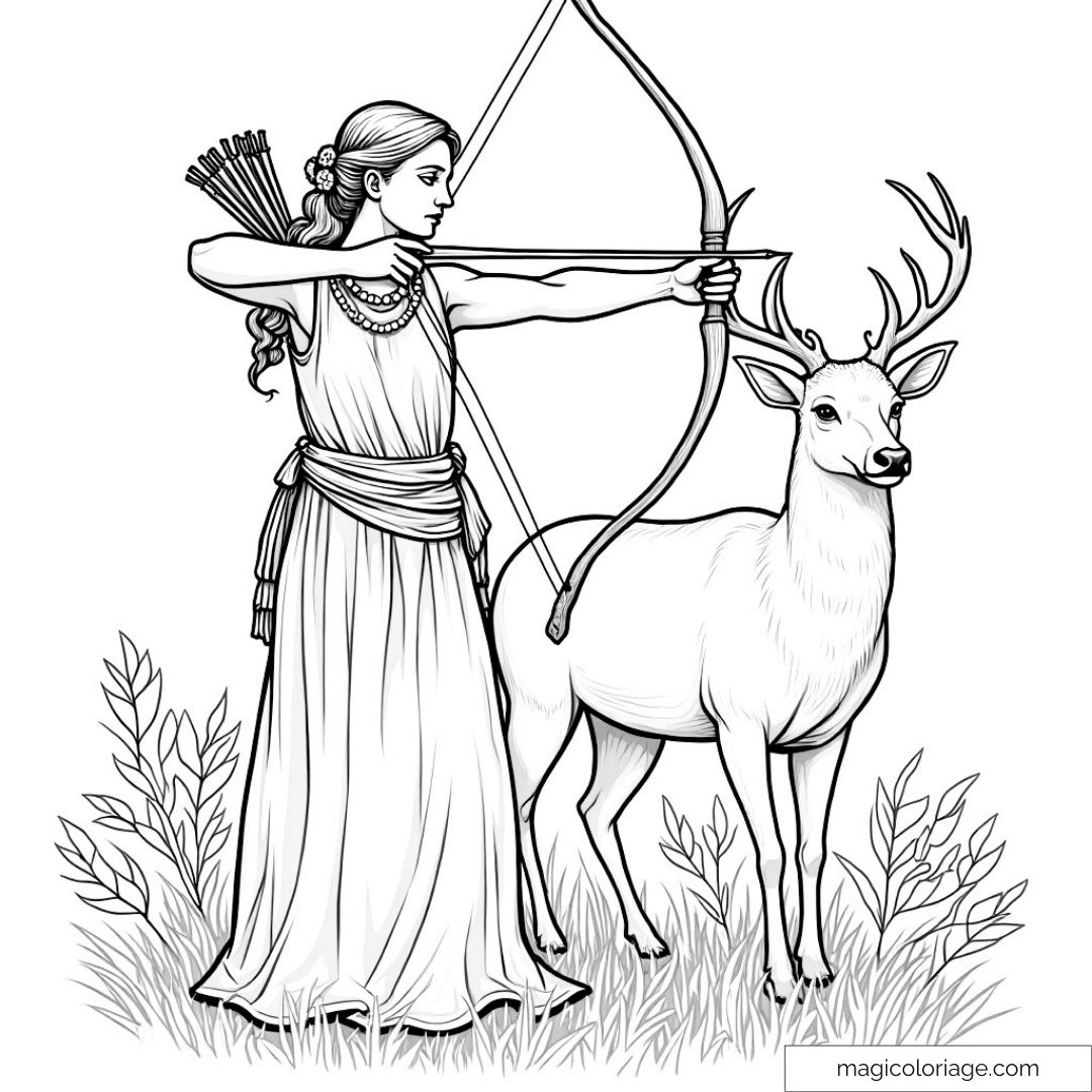 Coloriage Artemis déesse chasse et cerf en forêt