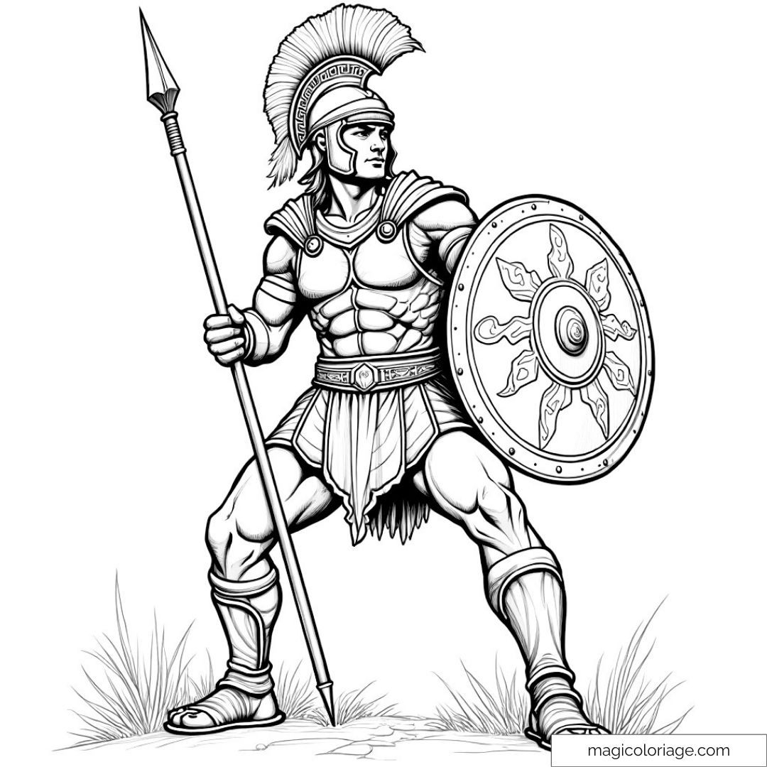 Coloriage d'un guerrier romain avec bouclier et lance
