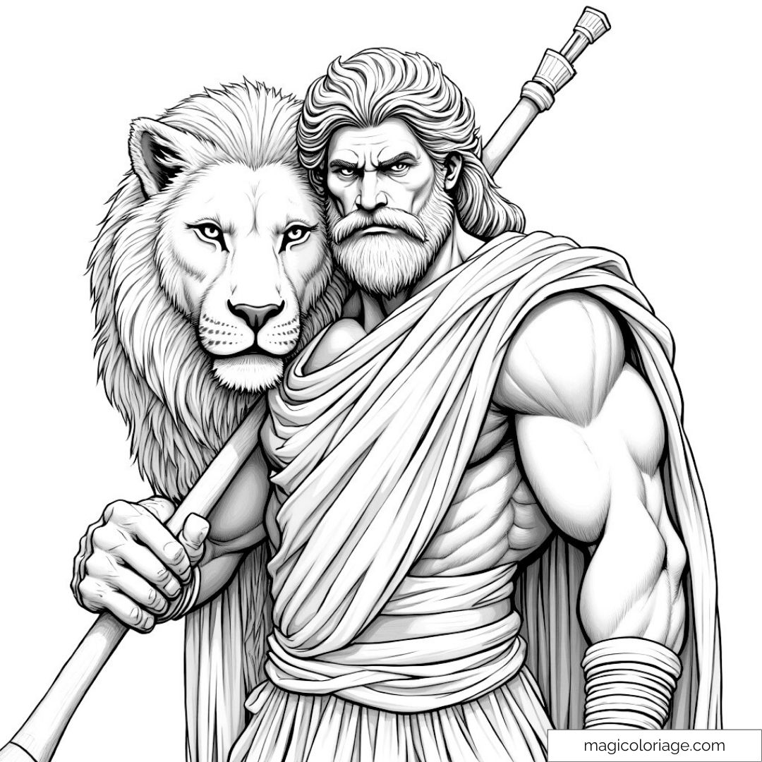 Héros mythologique avec une cape aux côtés d'un lion.
