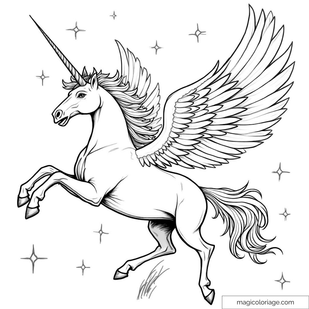 Licorne magique ailée sur fond d'étoiles scintillantes.