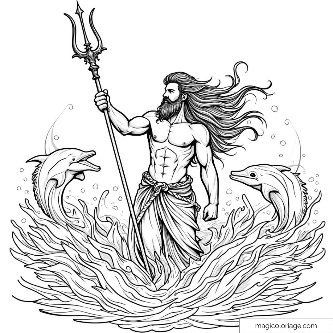 Illustration de Poséidon avec trident et dauphins