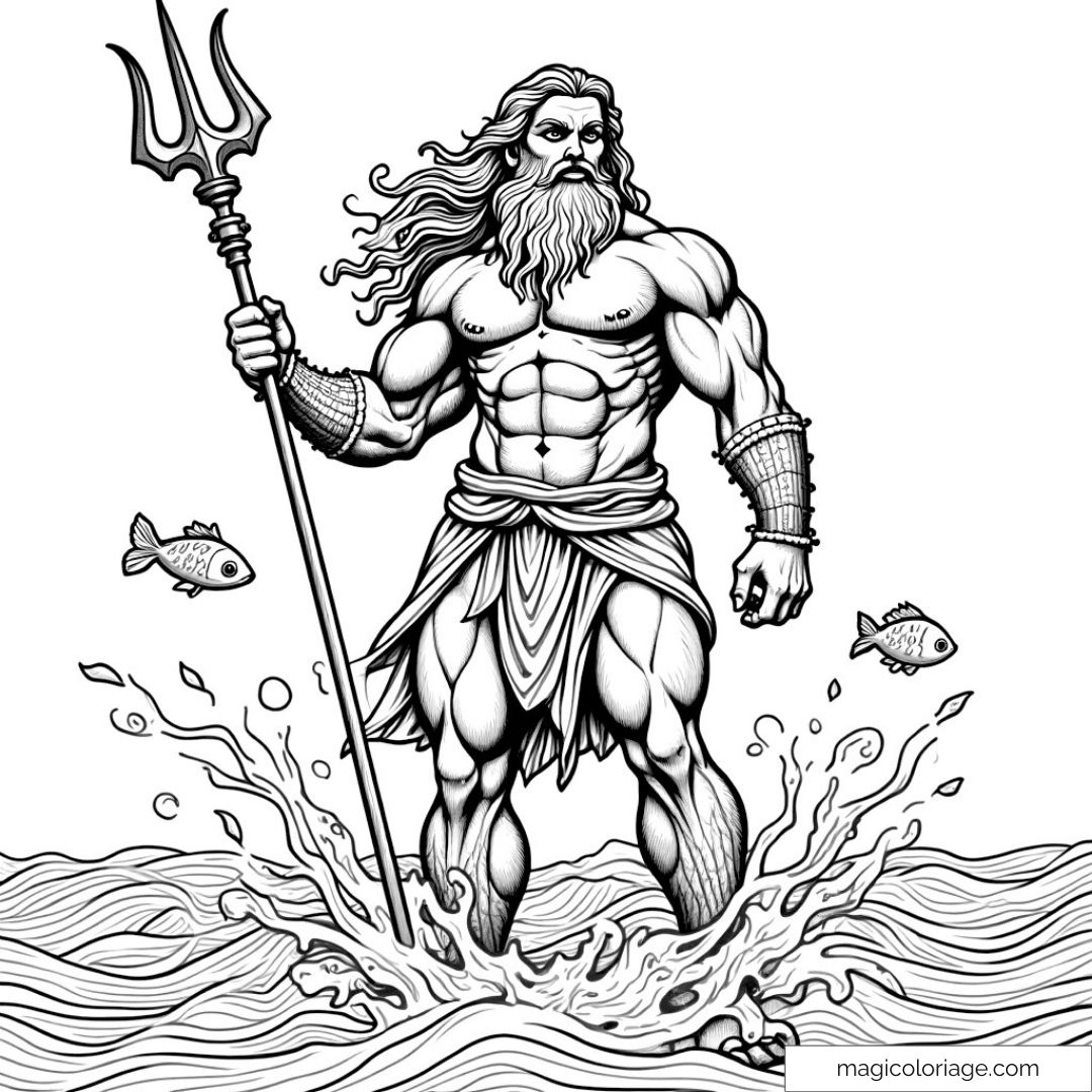 Poséidon avec trident dans l'eau