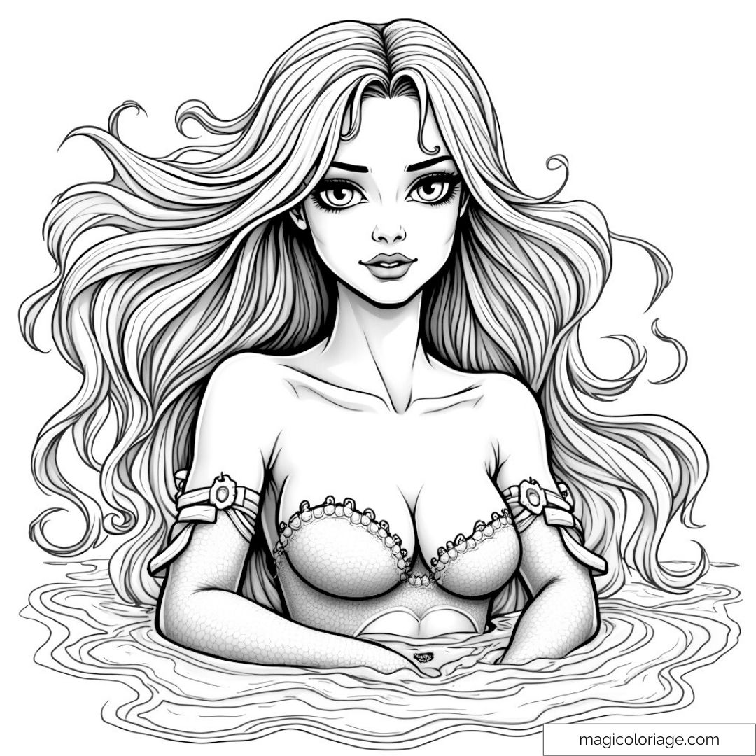 Sirène avec longs cheveux ondulants dans l'eau.