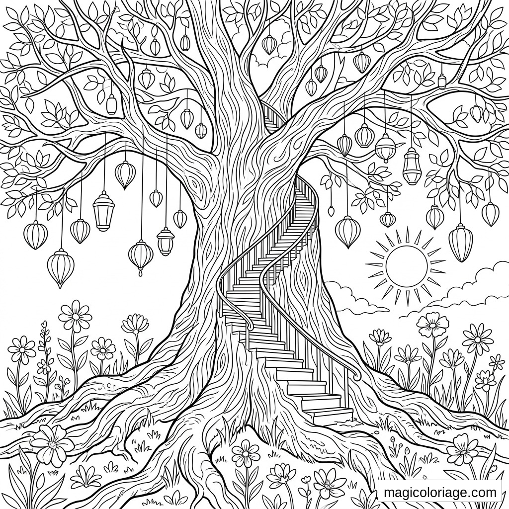 Coloriage paysage fantastique avec arbre géant, escalier en colimaçon, lanternes, fleurs et soleil