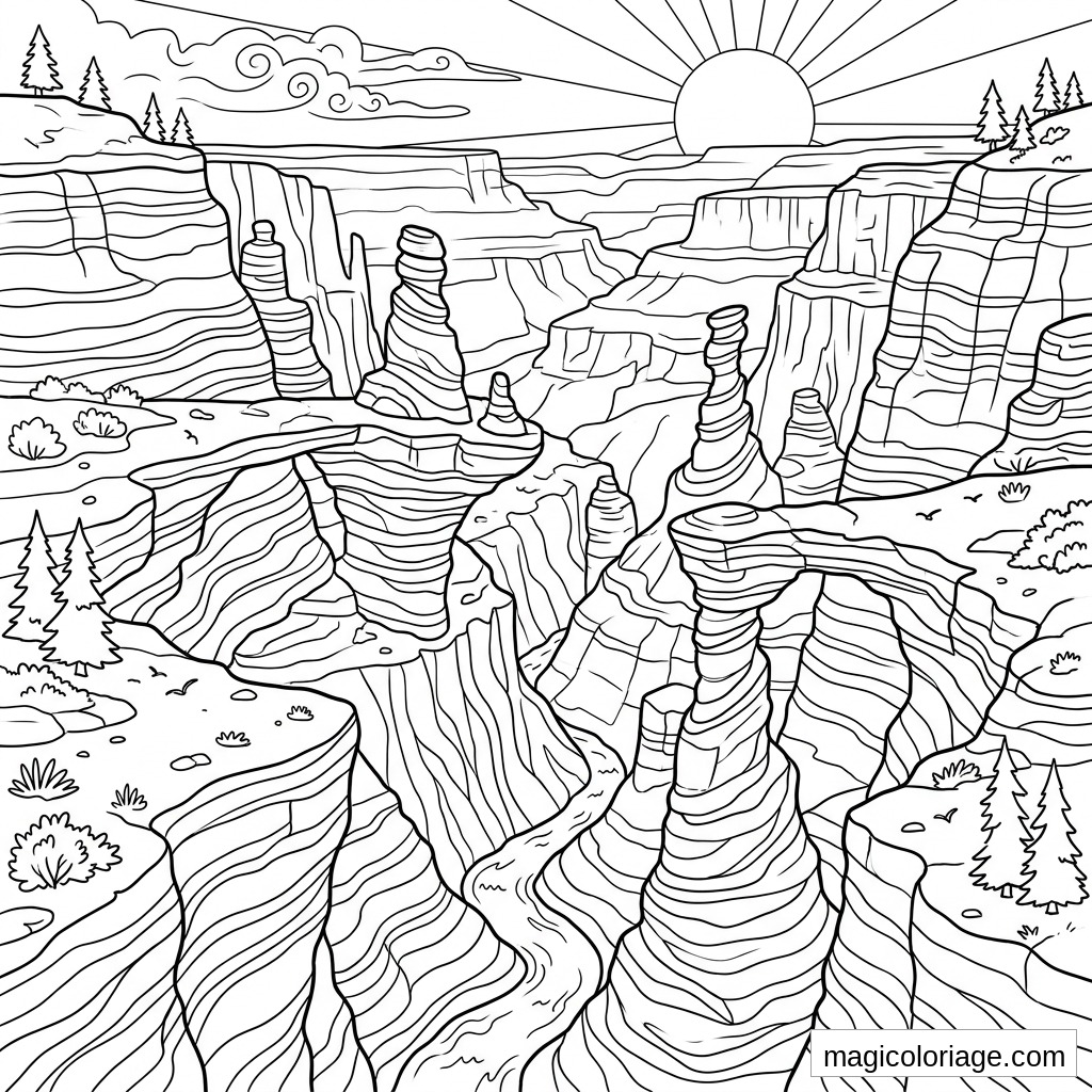 Coloriage paysage fantastique avec canyon, aiguilles rocheuses, rivière et soleil levant